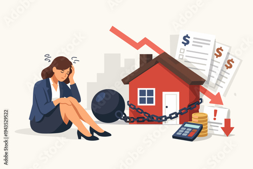 Stressed Businesswoman Struggling with Mortgage Debt and Financial Crisis; House Chained to Ball and Chain with Downward Arrow, Bills, and Calculator in a Simple Flat Vector Illustration.