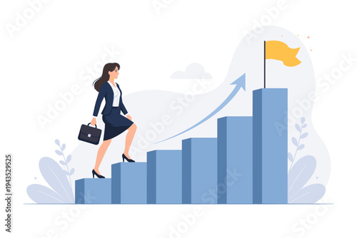 Businesswoman climbing up the stairs of success towards a goal flag. Concept of career growth, professional development, achievement, leadership, and ambition. Flat vector illustration for business.