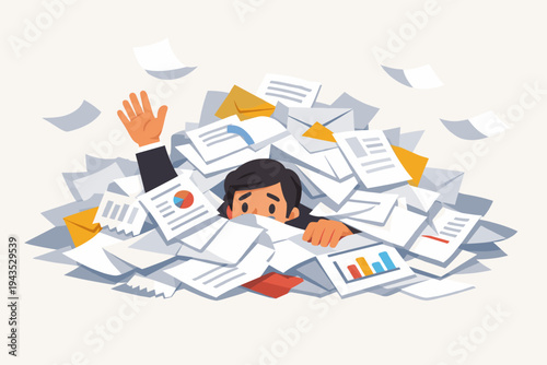 Overwhelmed Businessman Buried Under a Mountain of Paperwork, Documents, and Bills Reaching Out for Help, Stressed Employee Drowning in Bureaucracy and Deadlines, Flat Vector Concept Illustration