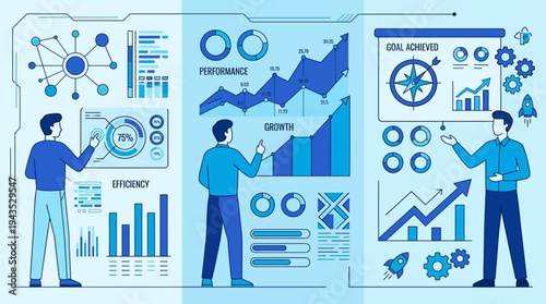 Businessmen analyzing data on interactive dashboards with charts and graphs.