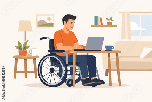 Flat vector illustration of a smiling man with a physical disability sitting in a wheelchair and working on a laptop at a desk in his home office. Inclusive remote work, freelance, and accessibility.