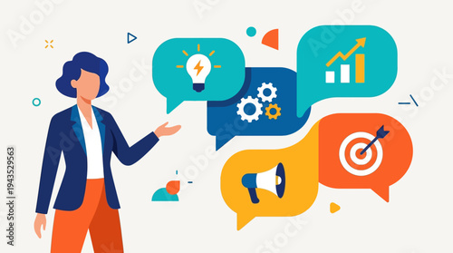 Businesswoman presenting ideas and strategies with speech bubbles.