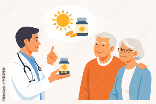 Doctor advising senior couple on vitamin D supplements and sun exposure for healthy aging, flat vector illustration featuring a medical professional, elderly patients, and medicine bottle.