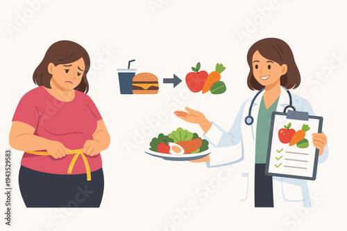 Vector Illustration of a Female Doctor Nutritionist Advising a Sad Overweight Woman on Weight Loss, Offering Healthy Food and a Diet Plan while the Patient Measures Her Large Waistline with Tape.