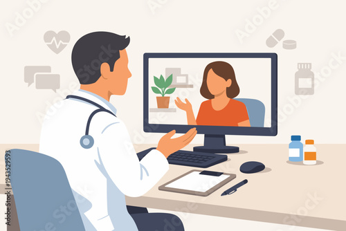 Male Doctor in White Coat with Stethoscope Consulting Female Patient Online via Computer Video Call for Telehealth Medical Advice and Virtual Healthcare Appointment in Clinic Office Setting