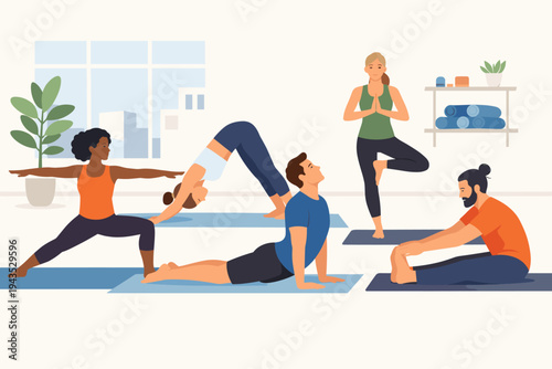 Diverse Group of People Practicing Yoga Poses in a Modern Studio, Including Warrior, Downward Dog, and Tree Pose, Flat Vector Illustration for Wellness, Fitness, Health, and Active Lifestyle