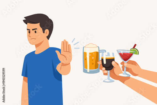 Man Making Stop Hand Gesture to Reject Alcohol, Refusing Beer, Wine, and Cocktail Drinks Offered by Others, Concept of Sobriety, Healthy Lifestyle, Addiction Recovery, and Saying No to Peer Pressure.