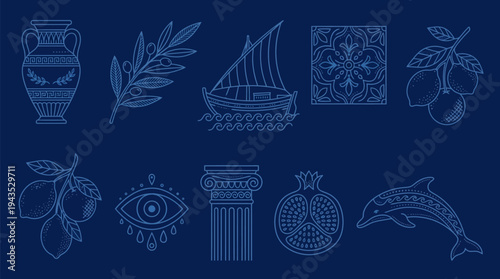 Collection of Ancient Greek Symbols and Icons in Blue Line Art.