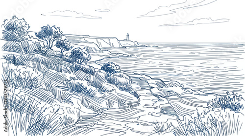 Coastal landscape with lush vegetation and ocean view.