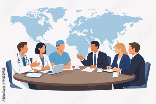 Flat vector illustration of diverse medical professionals and business executives in a global healthcare meeting around a conference table with a world map background for international health.