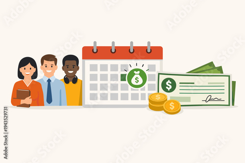 Diverse Employees Standing Next to a Calendar with Payday Icon, Paycheck, and Gold Coins Representing Payroll Management, Salary Payment, Financial Planning, and Employee Compensation Concept