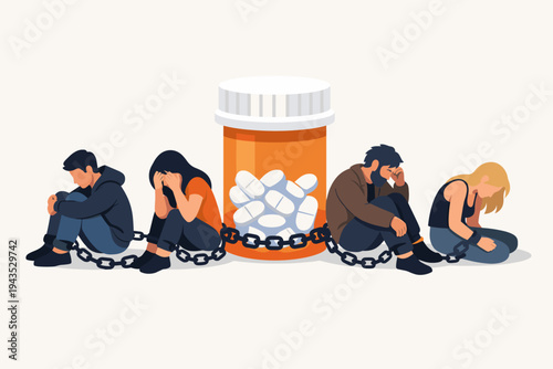 Vector Illustration of People Chained to a Large Pill Bottle Representing Opioid Addiction and Drug Dependency Crisis, Depressed Men and Women Suffering from Substance Abuse and Painkiller Misuse