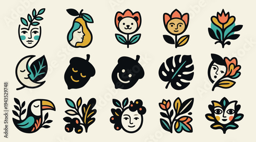 Collection of diverse nature-inspired illustrations featuring faces, animals, and plants.
