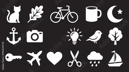 Collection of diverse white icons on a black background representing various concepts and objects.