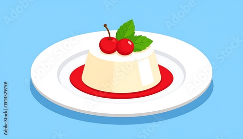 A simple, appetizing dessert, a creamy white confection on a white plate, garnished with cherries and mint leaves