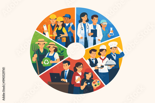 Diverse Professional Occupations and Career Paths Represented in a Colorful Circular Pie Chart Vector Illustration Featuring Doctors, Construction Workers, Chefs, Farmers, and Office Staff.