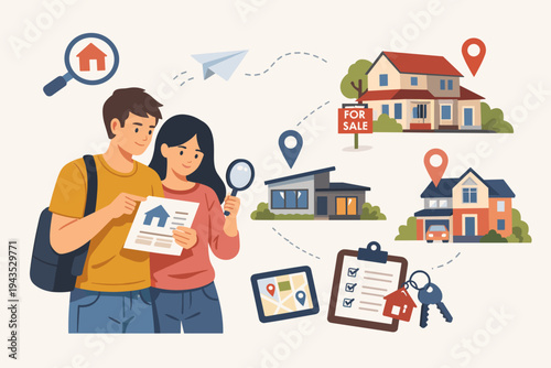 Young couple searching for a new home to buy, flat vector illustration of man and woman looking at real estate listings, choosing a house, property search, mortgage, investment, and relocation.