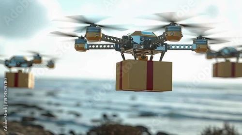 Delivery Drones Flying with Packages in Blue Sky, Future Logistics Concept