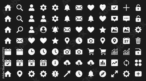 Collection of Essential White User Interface Icons on a Dark Background.