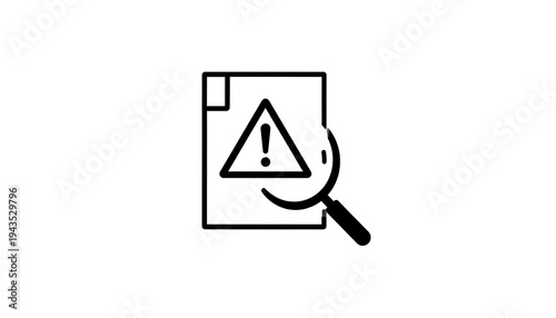 A simple black and white graphic depicting a document, a magnifying glass, and an exclamation point symbol within a triangle