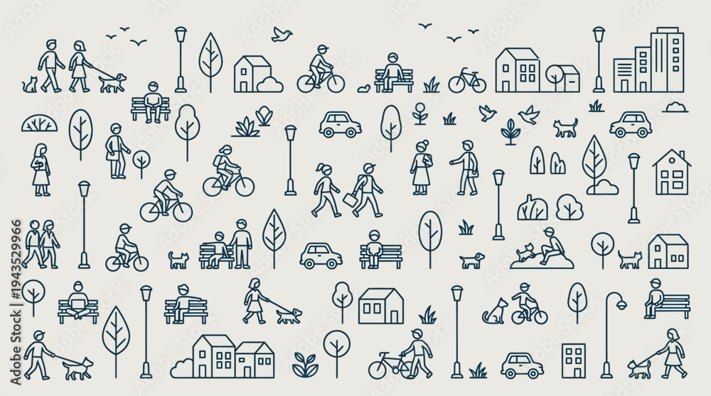 Obraz premium Collection of Line Art Icons Depicting Urban City Life and Activities.