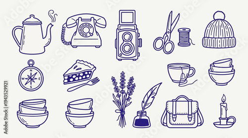 Collection of hand-drawn vintage objects and everyday items in outline style.