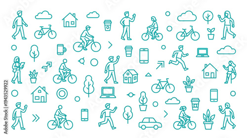 Collection of Icons Representing Modern Urban Lifestyle and Activities.