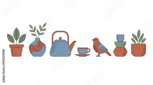 Collection of Minimalist Home Decor Items with Plants, Teapot, Cups, and Bird.
