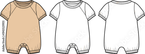 Baby Raglan Romper Flat Fashion Sketch, Infant Bodysuit Technical Illustration Template