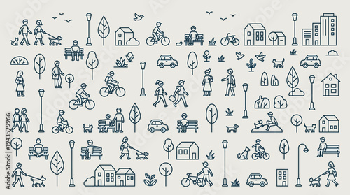 Collection of Line Art Icons Depicting Urban City Life and Activities.