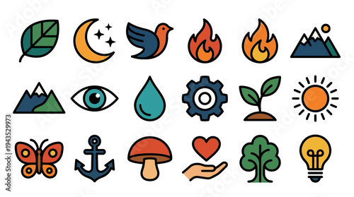 Collection of Nature and Abstract Concept Icons in a Flat Design Style.