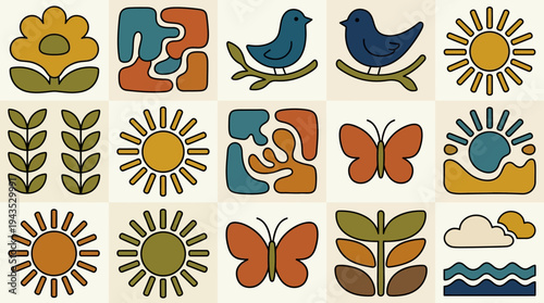 Collection of vibrant retro nature and abstract shapes in a playful, groovy style.