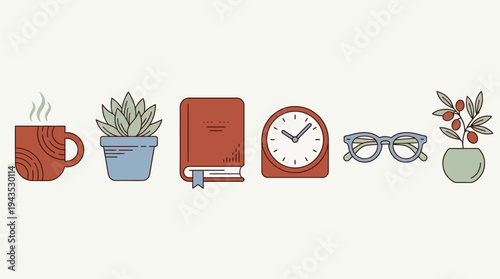 Cozy Desk Essentials Collection with Coffee Plant Book Clock Glasses.