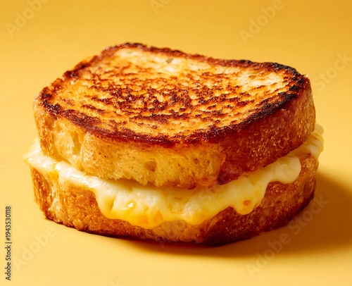 High contrast gourmet grilled cheese sandwich with crispy sourdough bread and dramatic melted cheddar on vibrant yellow studio background