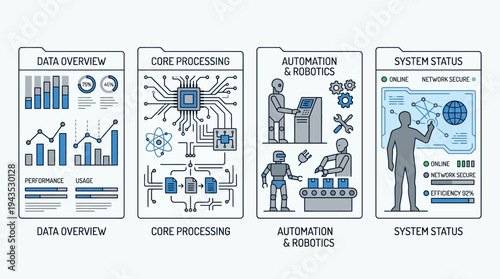 Data Overview, Core Processing, Automation, Robotics, and System Status Infographics.