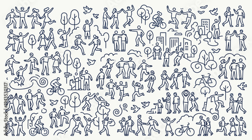 Diverse group of people engaging in various activities in a doodle style illustration.