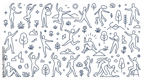 Diverse group of people engaging in various outdoor activities and movements.