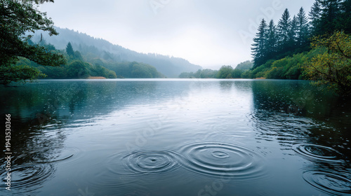 Raindrops creating mesmerizing ripples on the tranquil lake surface, with forest background and foggy atmosphere.