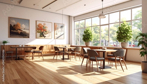 A sunlit interior cafe scene with wooden floors, tables, chairs, and large windows. Artworks hang on the wall, and greenery is incorporated