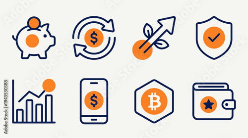 Financial Icons Representing Savings Growth Security and Technology.