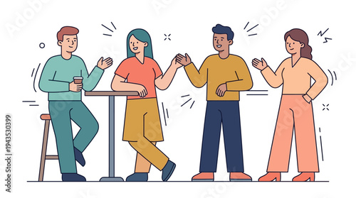 Four diverse friends engaging in conversation and fist bumps.