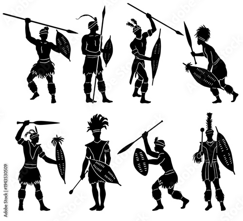 Set of African tribal warriors. Silhouettes of African men in traditional battle suits with weapons. Various ancient African ethnic groups. Flat vector illustration collection isolated on background