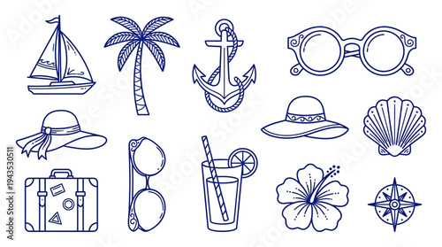 Hand drawn summer vacation and travel themed doodles set.