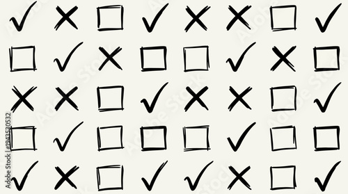 Hand-drawn check marks, crosses, and empty squares pattern.