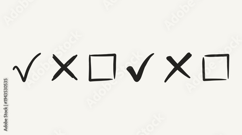 Hand-drawn checkmarks and crosses in a row with empty boxes.