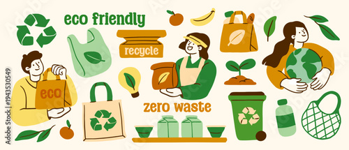 Eco shop sticker set. Labels with reuse and recycling symbols. No plastic and zero waste. Eco friendly lifestyle and saving planet. Flat vector illustration collection isolated on background