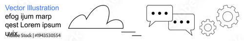 Cloud computing, teamwork, technology, online communication, automation, software processes. Minimalist design shows cloud, speech bubbles gears. Cloud computing and teamwork concepts