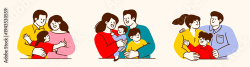 Happy family hug set. Smiling parents, mothers and fathers embrace children, sons and daughters. Bonding relationship, love and care. Outline vector illustration collection isolated on background