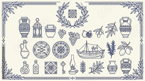 Hand-drawn collection of traditional Greek and Mediterranean elements.