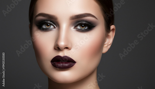 Close up portrait of woman with dark bold lipstick and smoky eye makeup, perfect for cosmetic campaigns, high fashion modeling or makeup artist designs